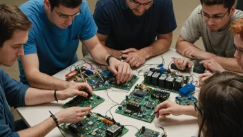 En gruppe mennesker samlet rundt et bord med elektroniske komponenter og kretskort, som arbeider på et prosjekt sammen.