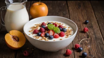 En sunn frokostbolle med grovkorn, melk og fersk frukt