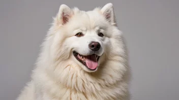 En samoyed hund med en fløyels hvit pels og et glad uttrykk.