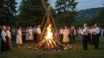 En tradisjonell norsk midsommerfeiring med bål og maiestang.