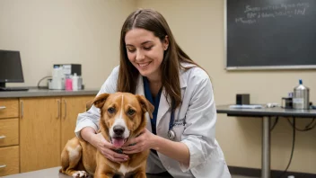 En veterinærstudent øver dyrepleie og håndtering på en hund, og viser viktigheten av dyrepleie og håndtering i veterinærutdanningen.