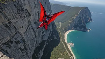 En person i en wingsuit, hopper fra en klippe med en parachute