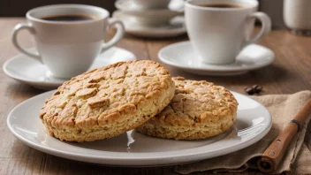 En biskuitkake på en tallerken, med en kopp kaffe i bakgrunnen.