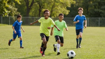 Et lykkelig 11-årig barn som spiller fotball med venner