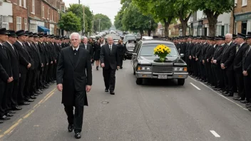 Et begravelseoptog går nedover en gate, med sørgekledde mennesker som bærer blomster og en likbil i bakgrunnen.