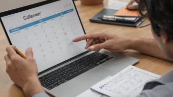 En person betaler regninger på nettet med en kalender i bakgrunnen.