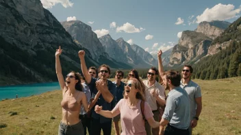 En gruppe venner på en feiringsreise, smiler og jubler med et vakkert landskap bak dem