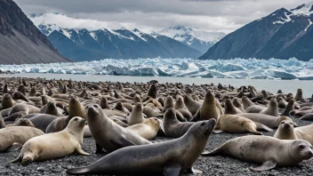 En gruppe sel på en steinete strand, med en isbre i bakgrunnen.