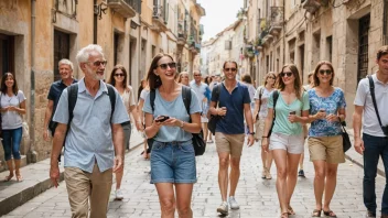 En gruppe turister på en guidet tur, besøker flere destinasjoner på kort tid.