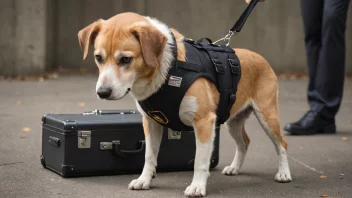 En hund i en spesialvest, som snuser rundt en koffert med en bombe inni.