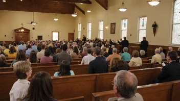 En baptistkirke med en skilt som leser 'Baptistkirken' og mennesker samlet utenfor.