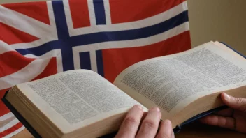 En person leser en ordbok med et norsk flagg i bakgrunnen