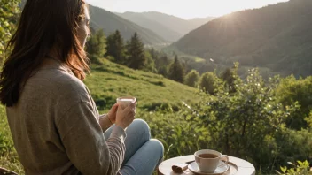 Et fredelig og rolig bilde av en person som nyter et øyeblikk av velvære i naturen.