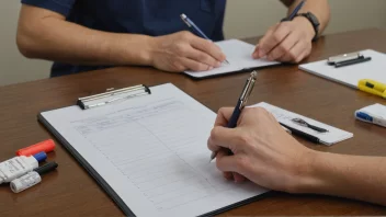 En person teller objekter på et bord med en clipboard og pen.