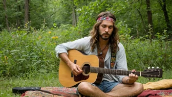 En person som omfavner hippie-livsstilen, omgitt av frodig grønt, holder en gitar og utstråler en følelse av fred og ro.