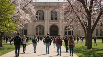 Et foto av et universitetsområde under vårsemesteret med studenter på vei til forelesning