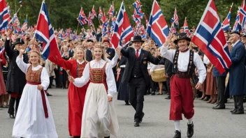 En festlig scene med mennesker som feirer 17. mai.