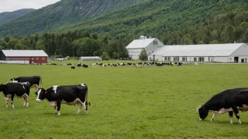 En stor meieri med kuer som beiter i bakgrunnen, satt i et norsk landskap.