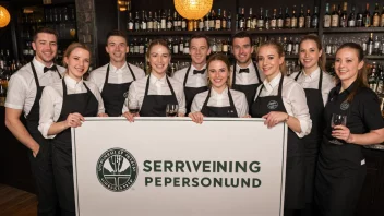 En gruppe servitører og bartendere som står sammen, smiler og holder et skilt med logoen til Serveringspersonaleforbundet