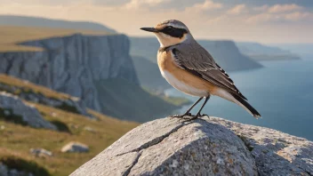 En knektspurv på en stein, med et naturskjønt landskap i bakgrunnen.