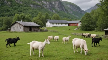 En geitefarm i Norge med geiter som beiter i en grønn eng.