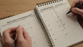 En person som sitter ved et skrivebord med en kalender, notatbok og penn, og planlegger en utstilling