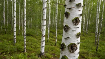 Et høyt, slankt bjerketre med hvit bark og grønne blader står i en skog, omgitt av andre trær og undervegetasjon.