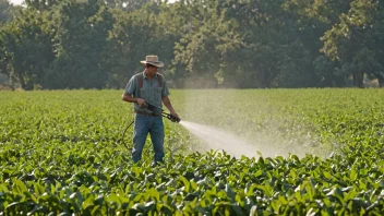 En bonde i et felt, som sprayer pesticider for å kontrollere skadedyr og beskytte avlingen.