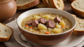 En deilig og næringsrik sauerkrautsuppe med pølse og poteter.