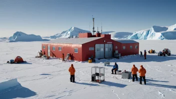 En utforskningsstasjon på Antarktika med forskere som arbeider i bakgrunnen.