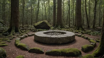 En gammel ritualplass i en skog, med en stor stein i sentrum og flere mindre steiner rundt.