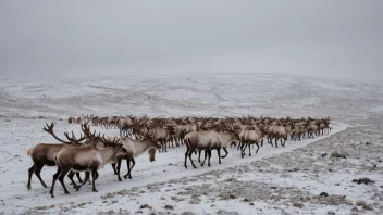 En gruppe mennesker i tradisjonelle klær som driver reinsdyr i et snødekt landskap