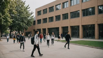 En byenskole med en moderne bygning og elever som går utenfor