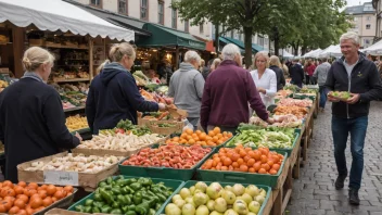 Et livlig marked med mennesker som handler etter sunne matvarer, inkludert næringstorv.