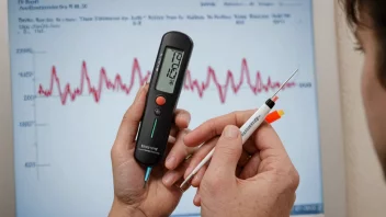 En person måler temperatur med et termometer, med en graf som viser temperaturforandringer.