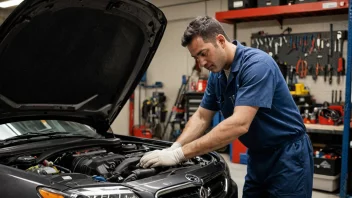 En biltekniker i en garasje, arbeider på en bilmotor