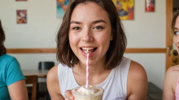 En person som slurper en milkshake gjennom et sugerør, med et glad uttrykk i ansiktet.