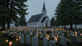 En norsk kirke med en kirkegård på allehelgensdag.