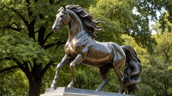 En hestestatue laget av bronse, med en flytende man og et stolt uttrykk, stående på en sokkel i en park.