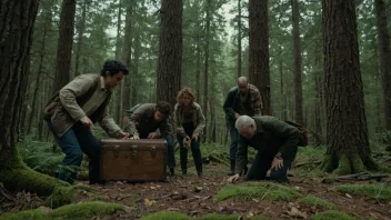 En gruppe mennesker som søker etter en skatt i en skog, som en del av en søkkekonkurranse.