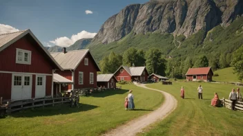 Et tradisjonelt norsk gårdsbruk eller landsby med en familie samlet utenfor.