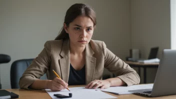 En person som sitter ved et skrivebord, omgitt av papirer og penner, med en fokusert uttrykk i ansiktet.