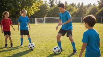 Barn som spiller fotball sammen, med en trener i bakgrunnen.