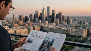 En person leser en finanspublikasjon med en bysilhuett i bakgrunnen, symboliserer viktigheten av finansiell informasjon.