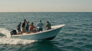 En gruppe mennesker som fisker sammen fra en båt på havet, med fiskestenger og nett