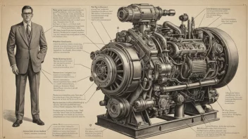 En illustrasjon av en person som leder en motor, med ulike verktøy og diagrammer i bakgrunnen.