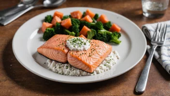 En tallerken med laksefilet og en skje proteinpulver og et glass vann i bakgrunnen, som illustrerer viktigheten av fiskeprotein i en sunn kost