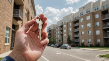 En person som holder en nøkkel og står foran en ny leilighetsbygning.