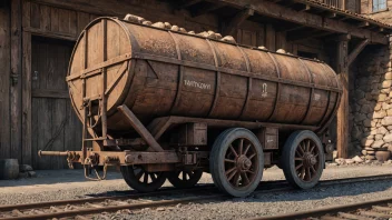 En malmtransportvogn, en spesialbygd vogn for å transportere malm, med en rustikk og industriell bakgrunn.