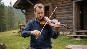 En tradisjonell norsk musiker spiller en livlig melodi på en fele i en koselig, rustikk setting.